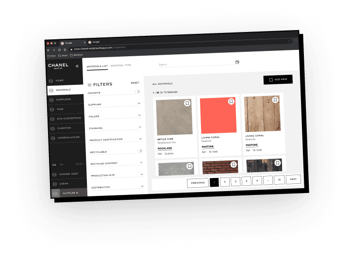 Interface de matériauthèque conçue pour Chanel